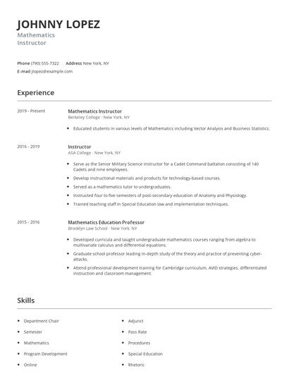 Mathematics Instructor Resume