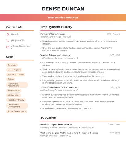 Mathematics Instructor Resume