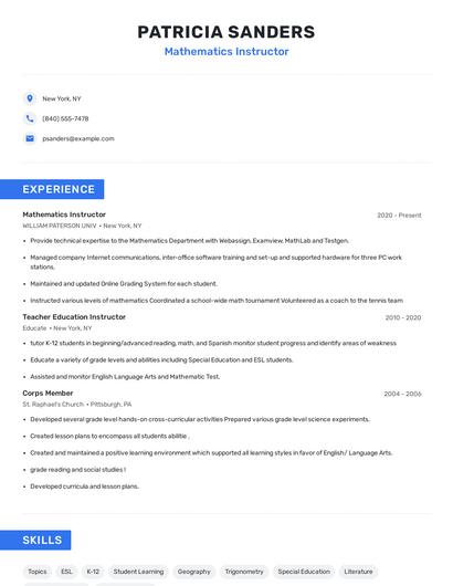 Mathematics Instructor Resume