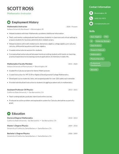 Mathematics Instructor Resume
