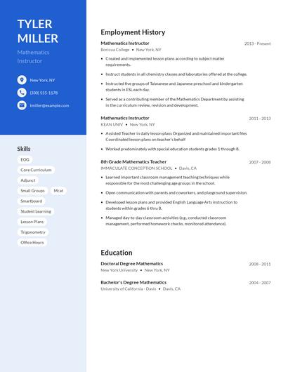 Mathematics Instructor Resume