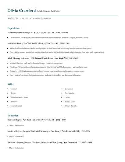 Mathematics Instructor Resume