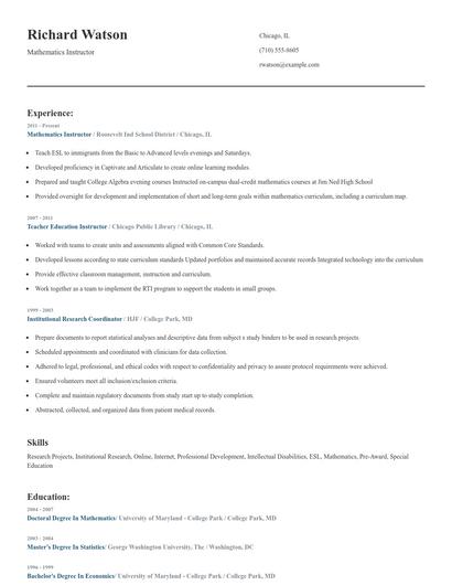 Mathematics Instructor Resume