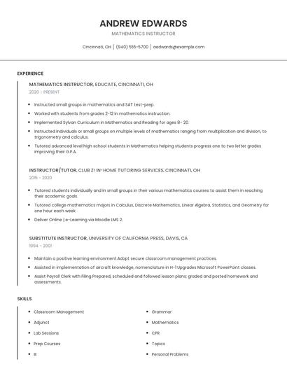 Mathematics Instructor Resume