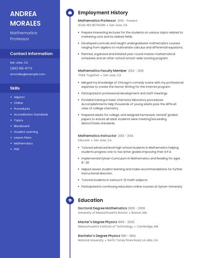Mathematics Professor Resume