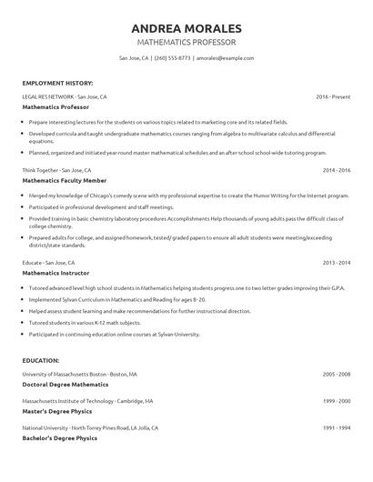 Mathematics Professor Resume
