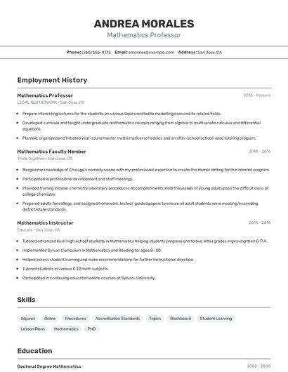Mathematics Professor Resume