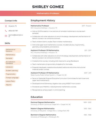 Mathematics Professor Resume