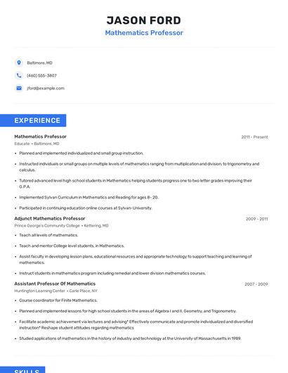Mathematics Professor Resume
