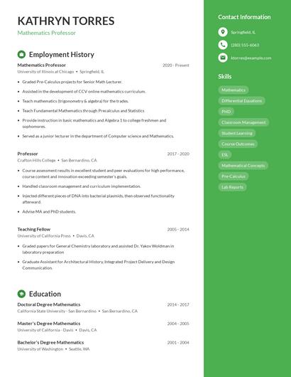 Mathematics Professor Resume