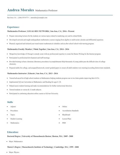 Mathematics Professor Resume