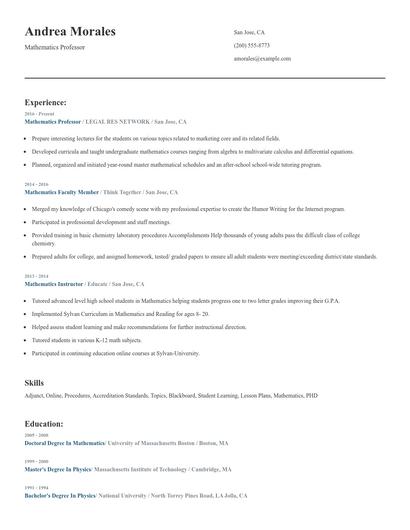 Mathematics Professor Resume