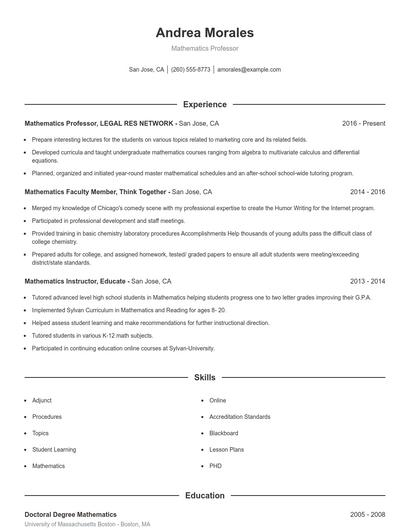Mathematics Professor Resume