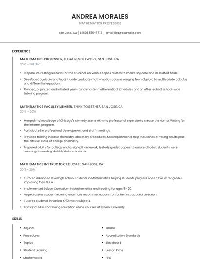 Mathematics Professor Resume