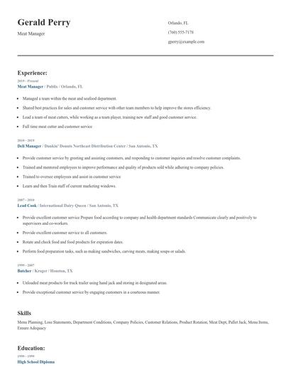 Meat Manager Resume