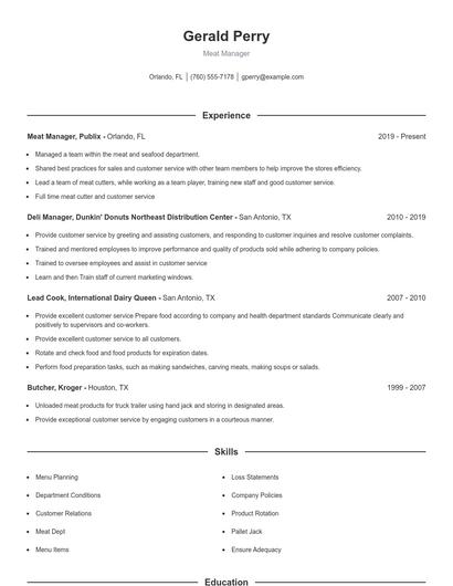 Meat Manager Resume
