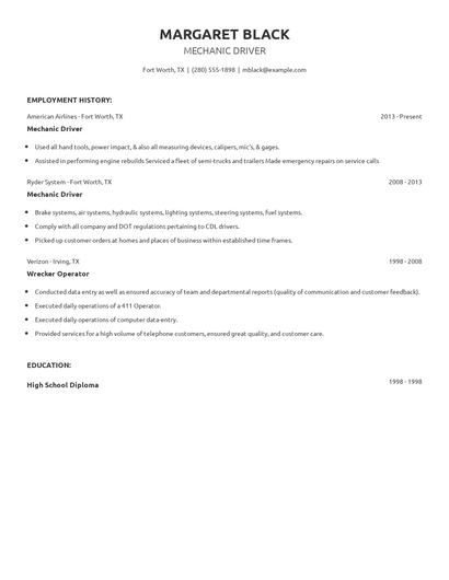 Mechanic Driver Resume