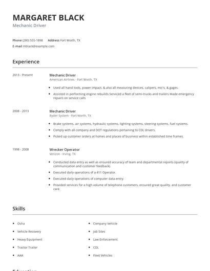 Mechanic Driver Resume