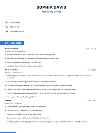 Mechanic Driver Resume