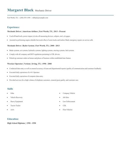 Mechanic Driver Resume