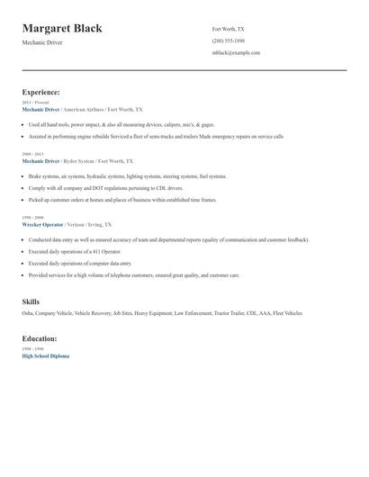 Mechanic Driver Resume