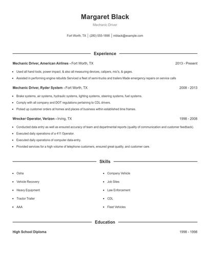 Mechanic Driver Resume