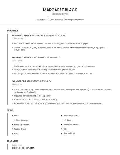 Mechanic Driver Resume