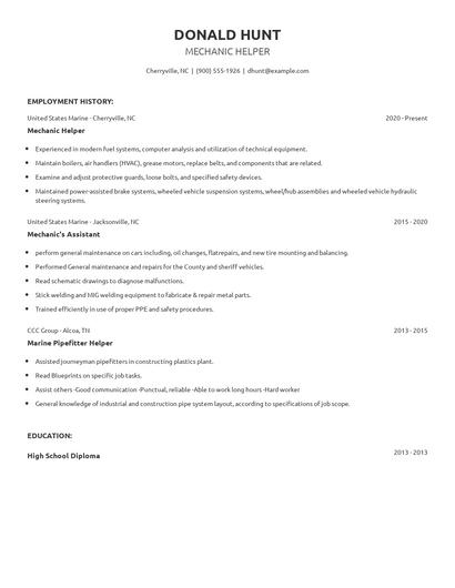 Mechanic Helper Resume