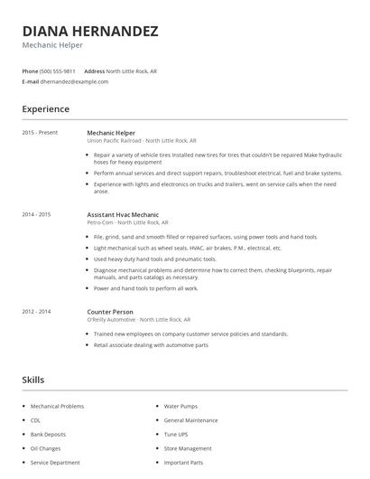 Mechanic Helper Resume