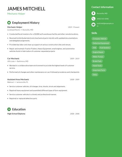 Mechanic Helper Resume