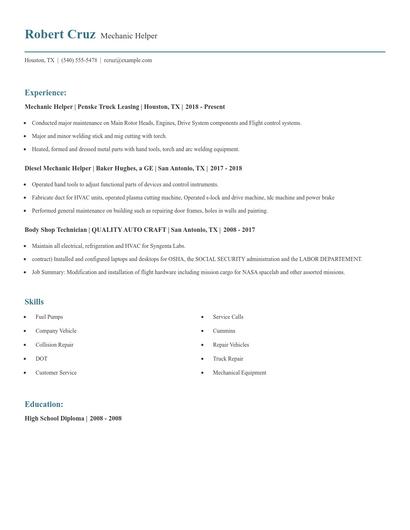 Mechanic Helper Resume