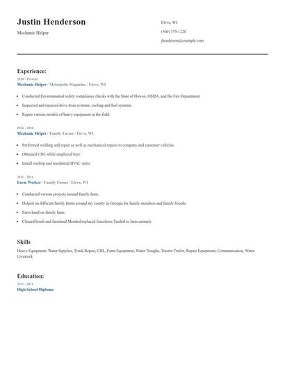 Mechanic Helper Resume