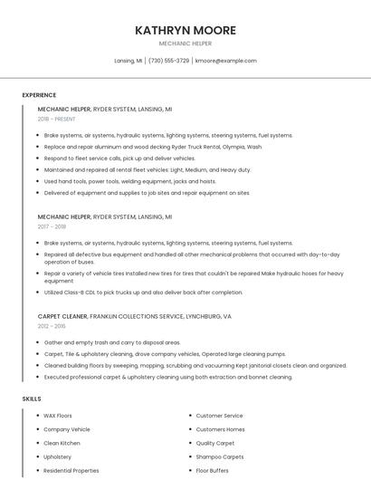Mechanic Helper Resume