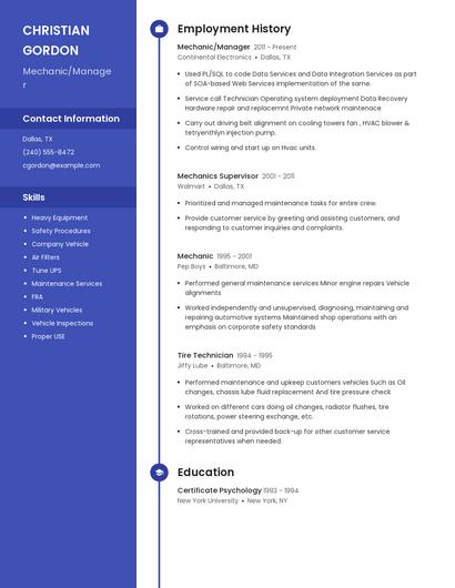 Mechanic/Manager Resume