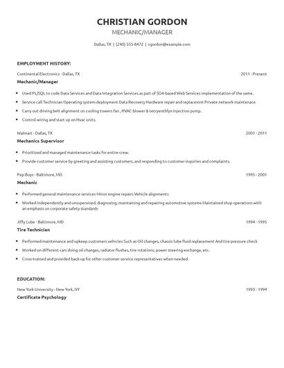 Mechanic/Manager Resume