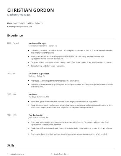 Mechanic/Manager Resume