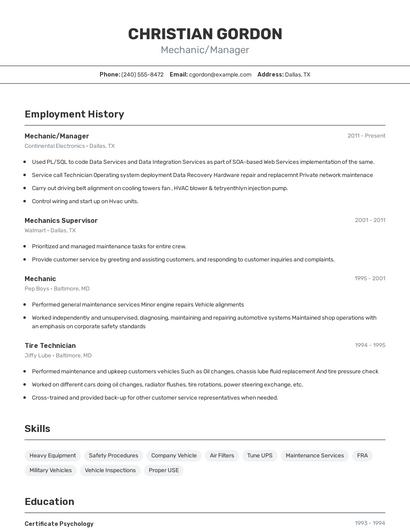 Mechanic/Manager Resume