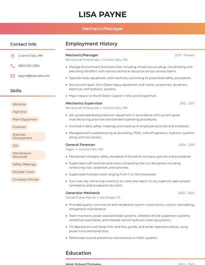 Mechanic/Manager Resume