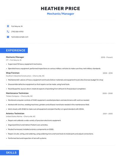 Mechanic/Manager Resume