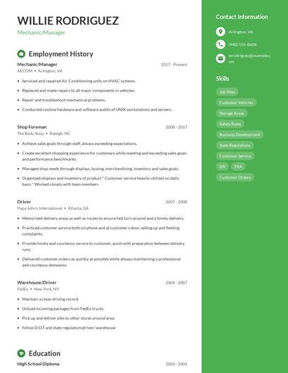 Mechanic/Manager Resume