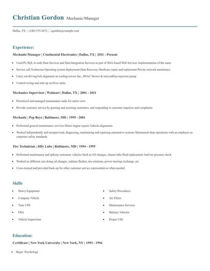 Mechanic/Manager Resume