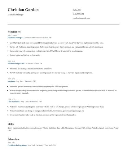 Mechanic/Manager Resume