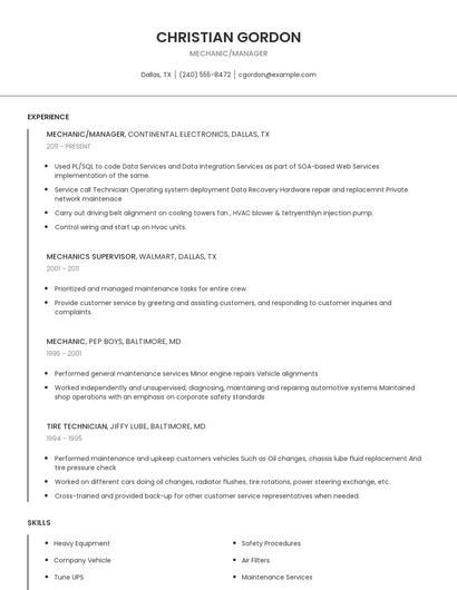 Mechanic/Manager Resume