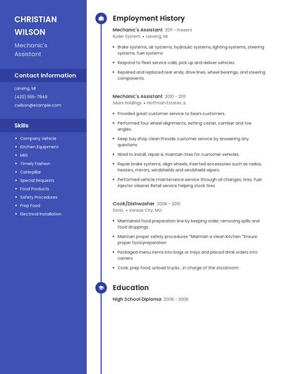 Mechanic's Assistant Resume