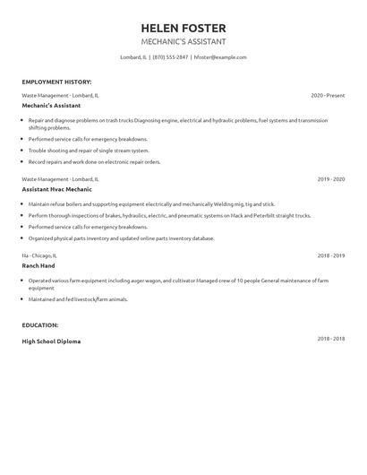 Mechanic's Assistant Resume