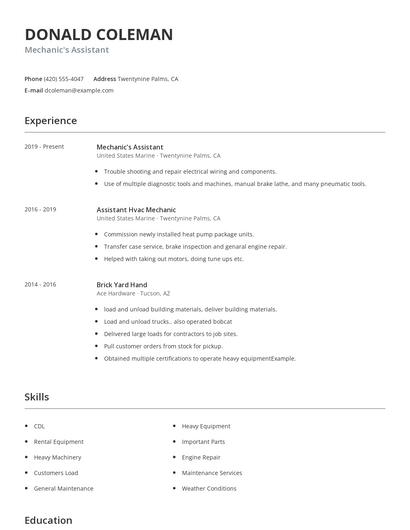 Mechanic's Assistant Resume