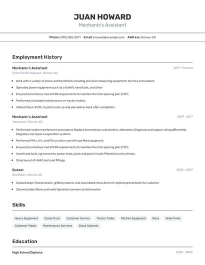 Mechanic's Assistant Resume