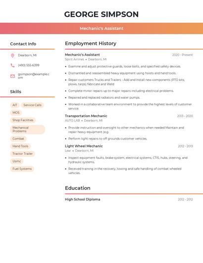 Mechanic's Assistant Resume