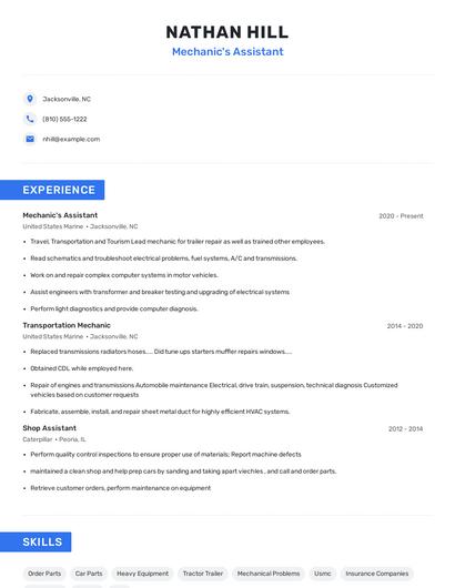 Mechanic's Assistant Resume