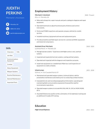 Mechanic's Assistant Resume